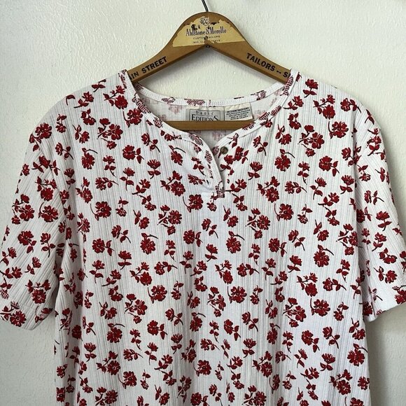90s Basic Editions red white floral short‎ sleeve ribbed pullover top M - Picture 2 of 5